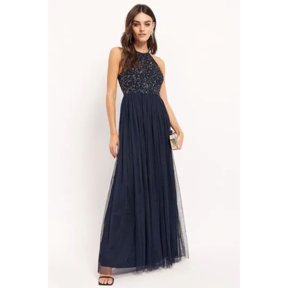 MAYA DELUXE Navy Blue Sequin Sleeveless Tulle Formal Prom Maxi Dress 10 Petite